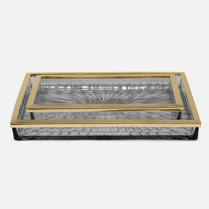 Argos, Smoke, Nested Trays, Rectangular Straight, Glass W/Brass Trim, S/2