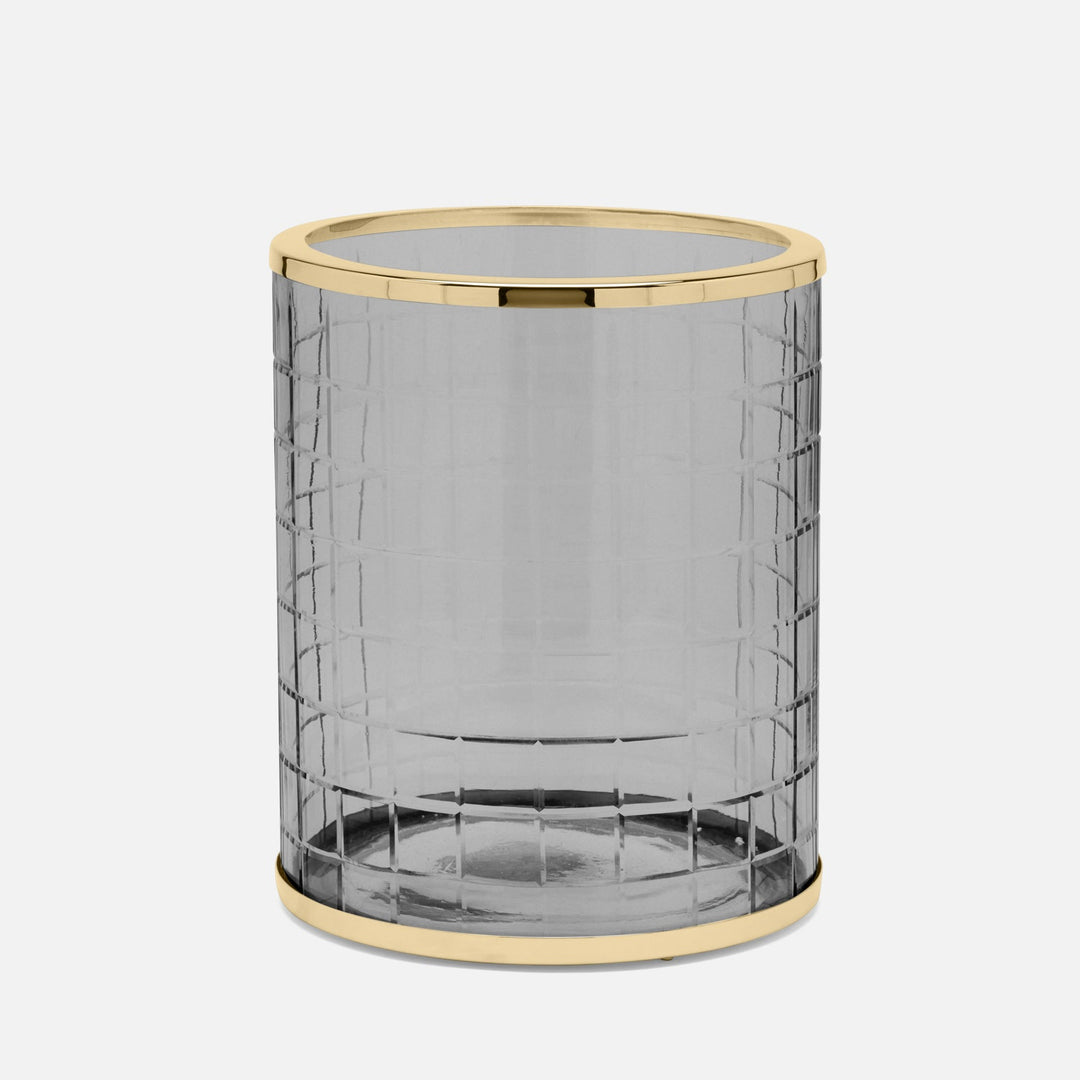 Argos, Smoke, Wastebasket, Round, Glass W/Brass Trim