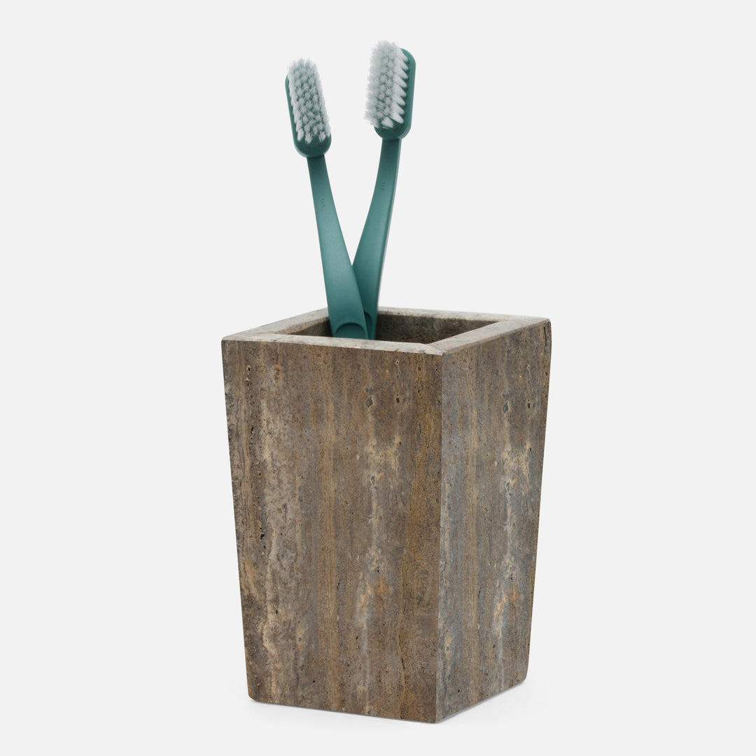 Bowen, Gray, Brush Holder, Square Tapered, Travertine With Resin