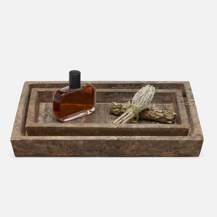 Bowen, Gray, Nested Trays, Rectangle Tapered, Travertine With Resin, S/2