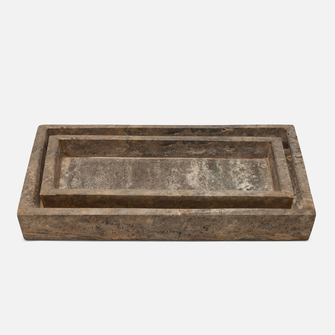 Bowen, Gray, Nested Trays, Rectangle Tapered, Travertine With Resin, S/2