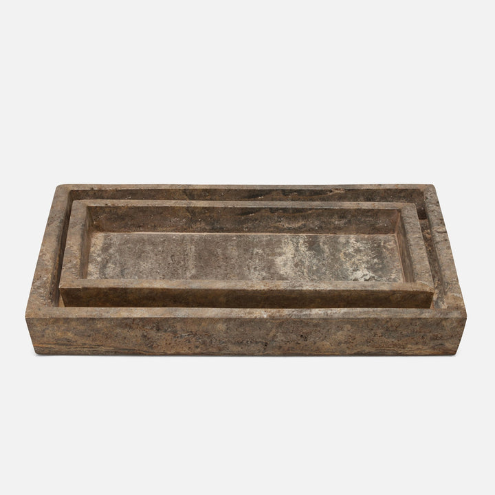 Bowen, Gray, Nested Trays, Rectangle Tapered, Travertine With Resin, S/2