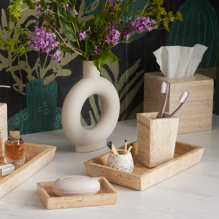 Bowen, Natural, Tissue Box, Square Straight, Travertine With Resin