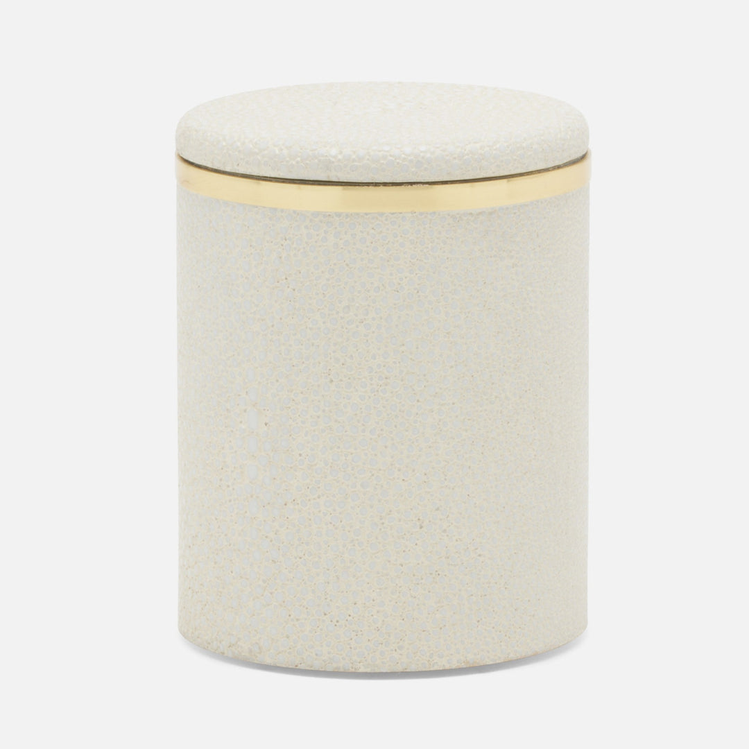Bradford, Blanc Br/Gold, Canister, Small, Round, Realistic Faux Shagreen/Brass