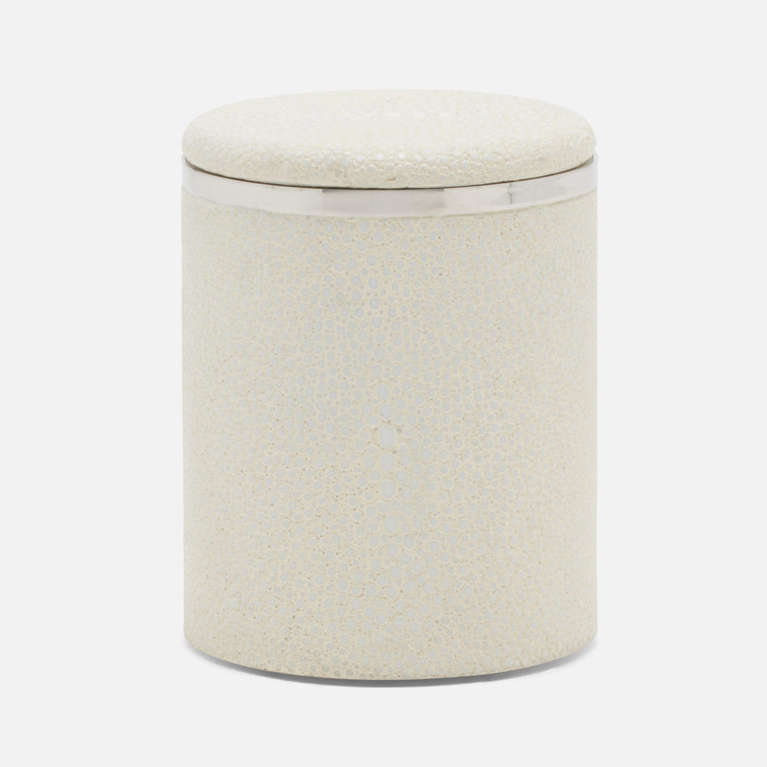 Bradford, Blanc Br/Silver, Canister, Small, Round, Realistic Faux Shagreen/Stainless Steel