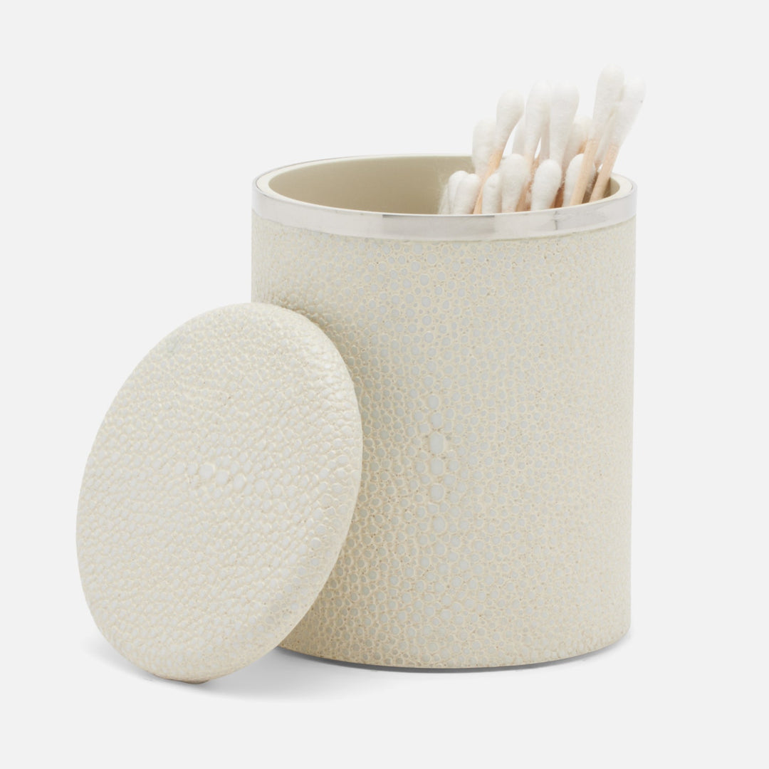 Bradford, Blanc Br/Silver, Canister, Small, Round, Realistic Faux Shagreen/Stainless Steel