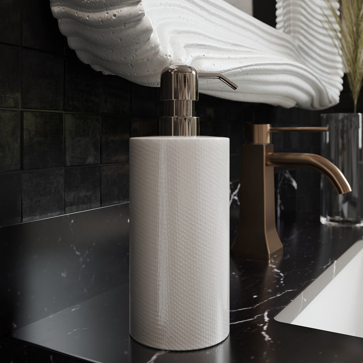 Cordoba, White Burlap, Soap Pump, Round, Ceramic