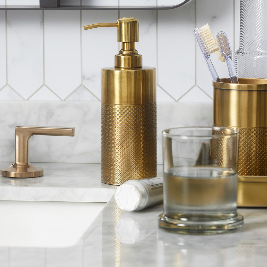 Hagen, Antique Brass, Soap Pump, Round, Textured Stainless Steel