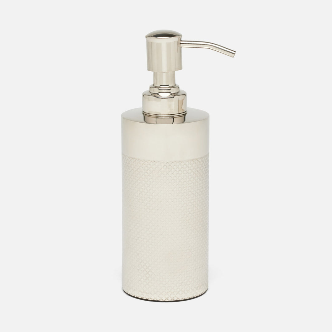 Hagen, Shiny Nickel, Soap Pump, Round, Textured Stainless Steel