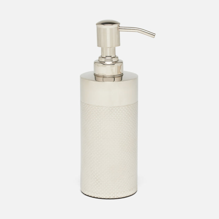 Hagen, Shiny Nickel, Soap Pump, Round, Textured Stainless Steel