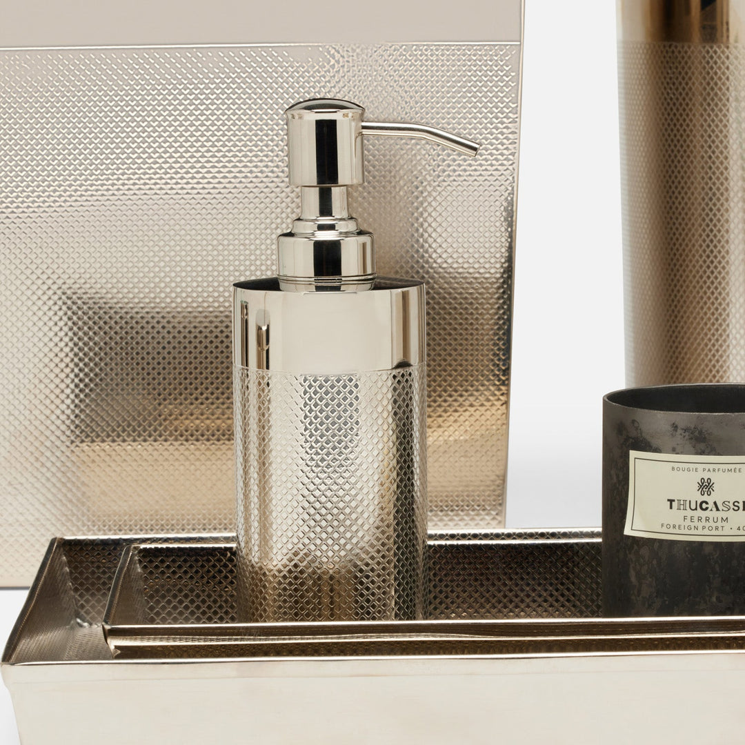 Hagen, Shiny Nickel, Soap Pump, Round, Textured Stainless Steel
