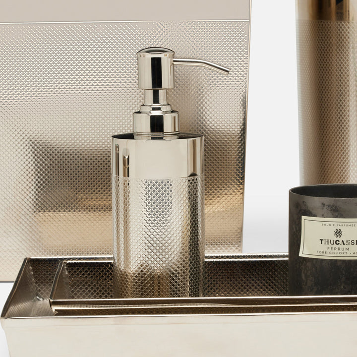 Hagen, Shiny Nickel, Soap Pump, Round, Textured Stainless Steel