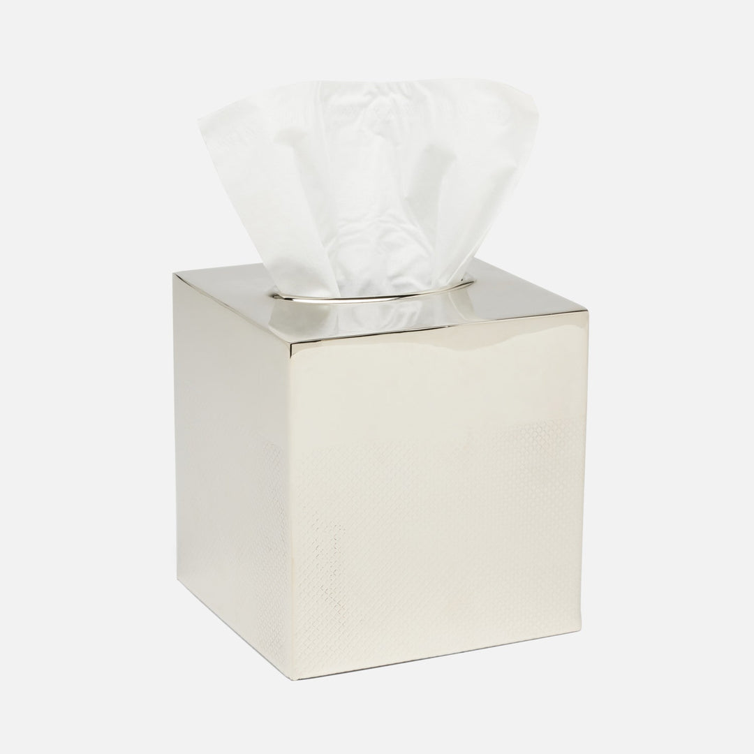Hagen, Shiny Nickel, Tissue Box, Square Straight, Textured Stainless Steel