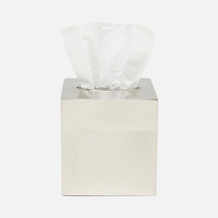 Hagen, Shiny Nickel, Tissue Box, Square Straight, Textured Stainless Steel
