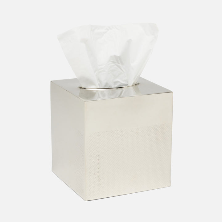 Hagen, Shiny Nickel, Tissue Box, Square Straight, Textured Stainless Steel