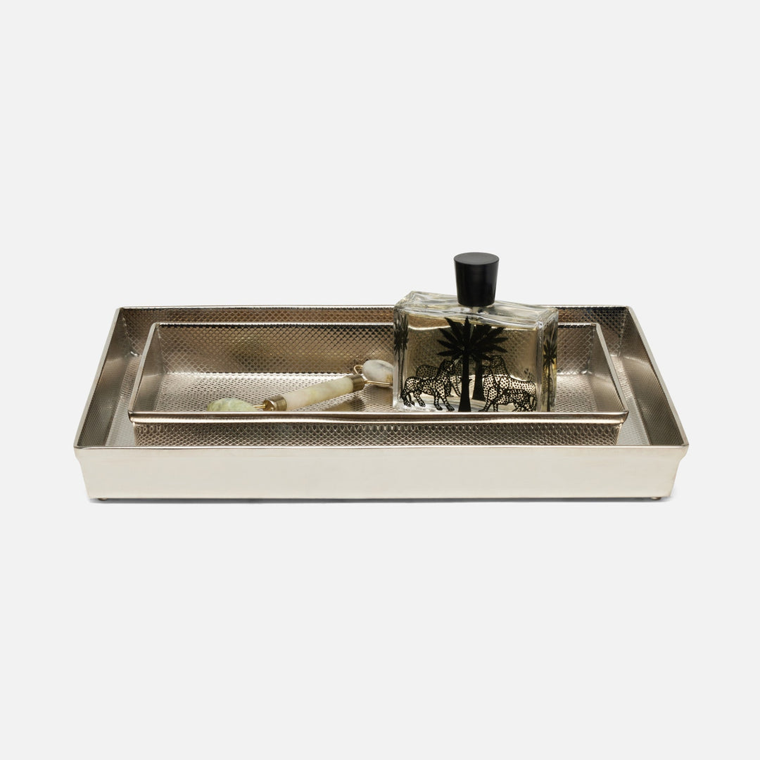 Hagen, Shiny Nickel, Nested Trays, Rectangular Straight, Textured Stainless Steel, S/2