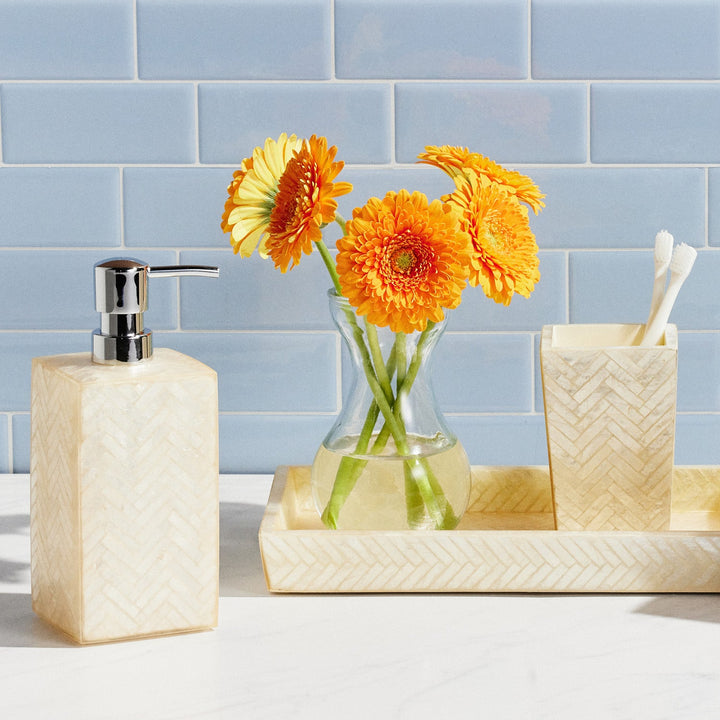Handa, Pearlized, Soap Pump, Square Straight, Herringbone Capiz