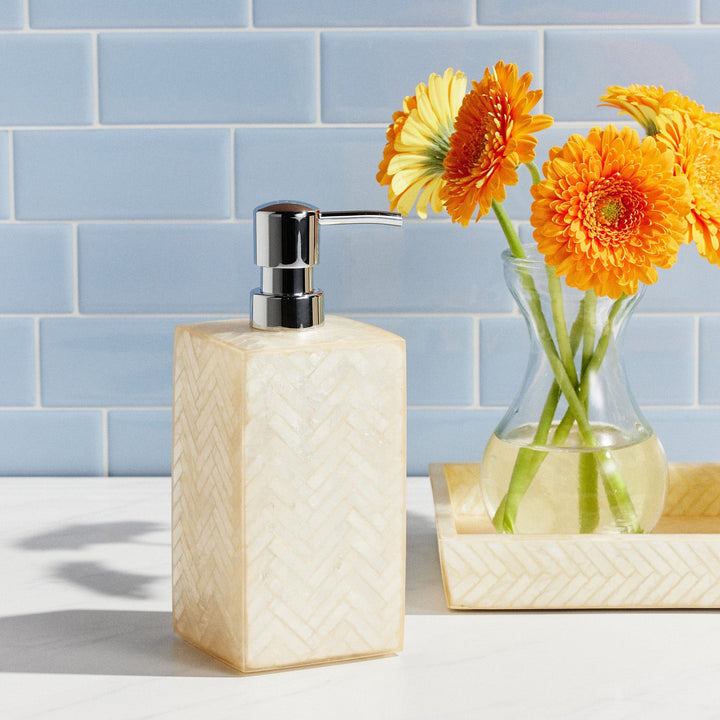 Handa, Pearlized, Soap Pump, Square Straight, Herringbone Capiz