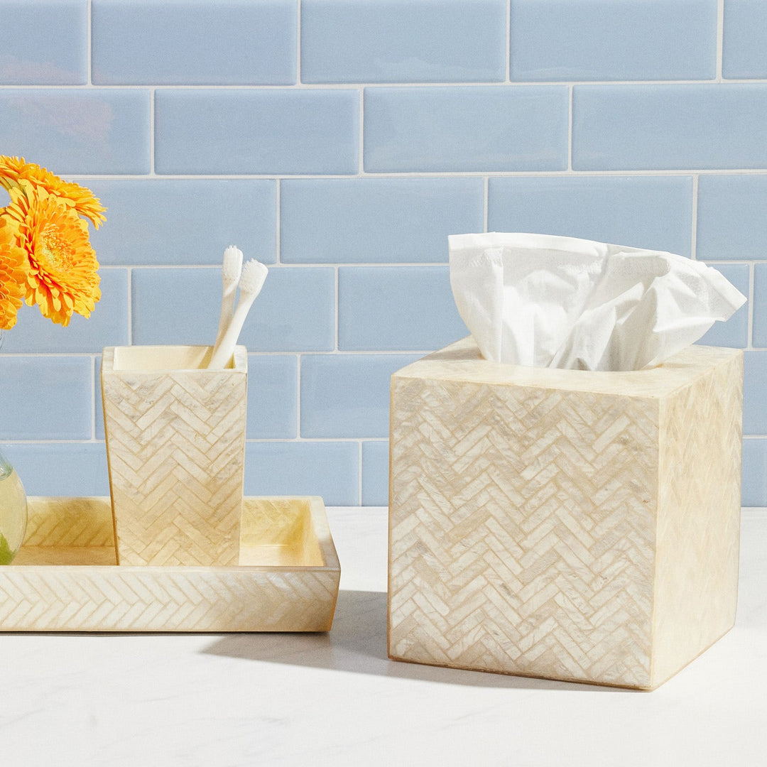 Handa, Pearlized, Tissue Box, Square Straight, Herringbone Capiz