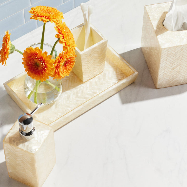 Handa, Pearlized, Tissue Box, Square Straight, Herringbone Capiz