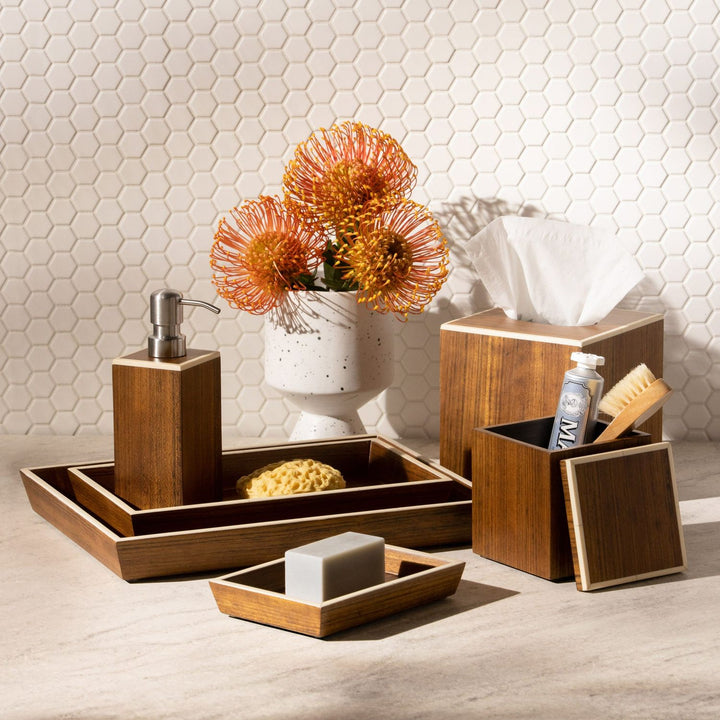 Harper, Dark Teak, Soap Pump, Square Straight, Veneer With Faux Bone