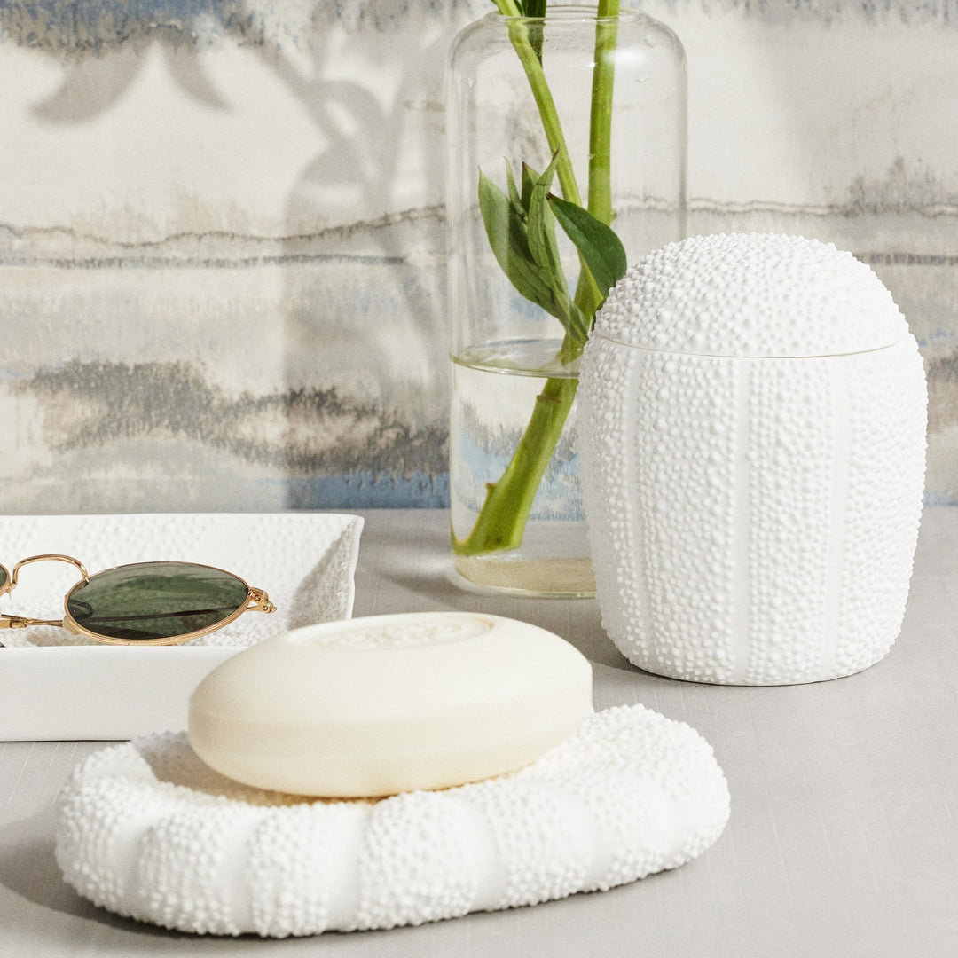 Hilo, White, Soap Dish, Rectangular Tapered, Porcelain Sea Urchin