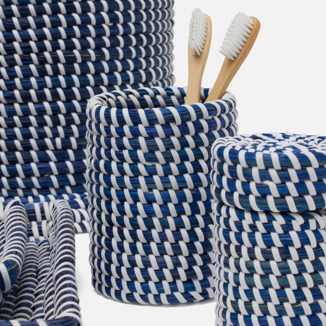 Kythira, Navy/White, Brush Holder, Round, Seagrass