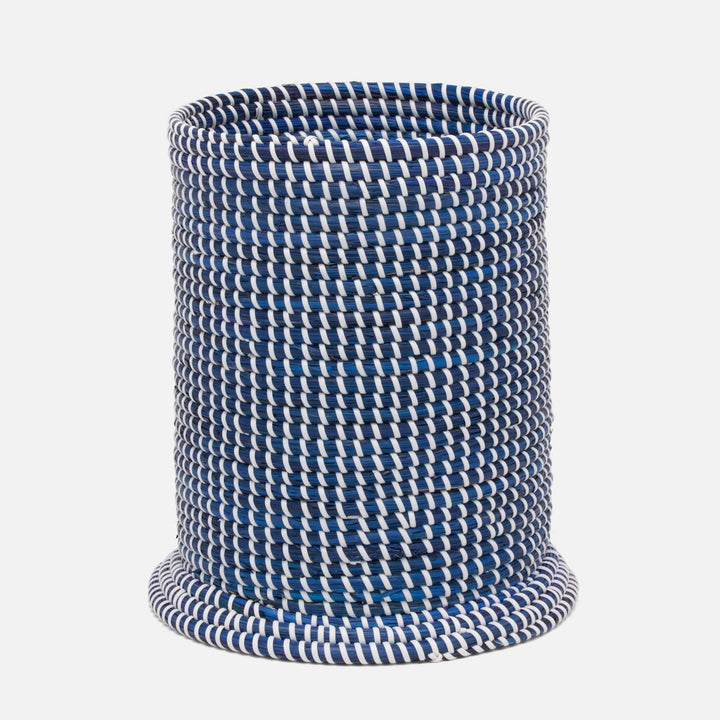 Kythira, Navy/White, Wastebasket, Round, Seagrass