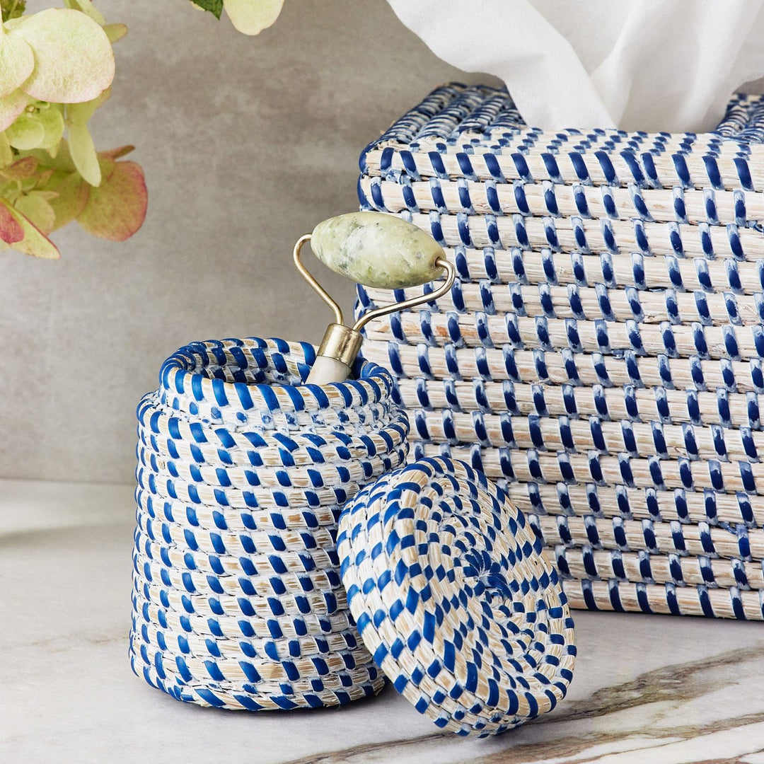 Kythira, Whitewashed/Navy, Canister, Small, Round, Seagrass