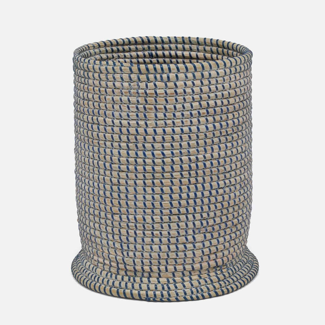Kythira, Whitewashed/Navy, Wastebasket, Round, Seagrass