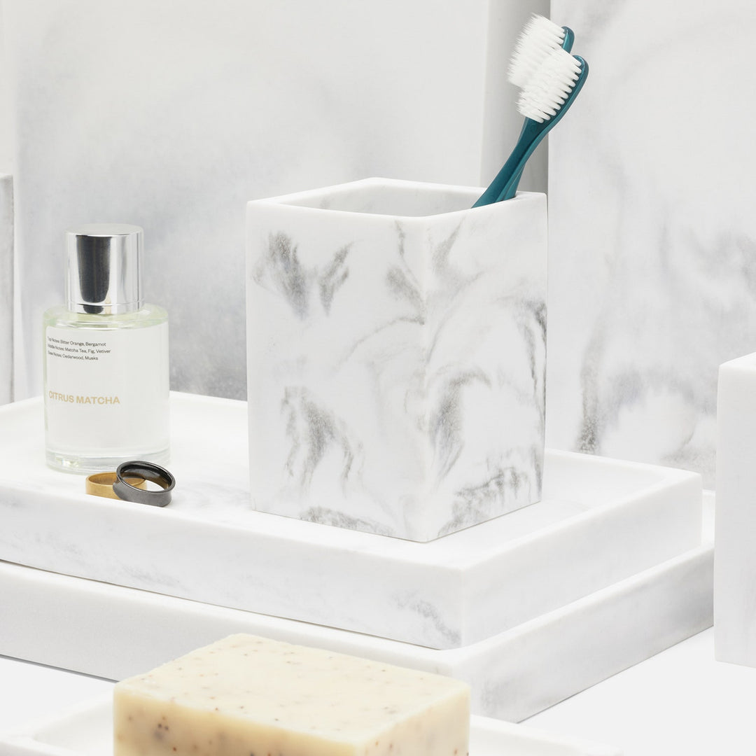 Parma, White/Gray Swirled, Brush Holder, Square Straight, Resin