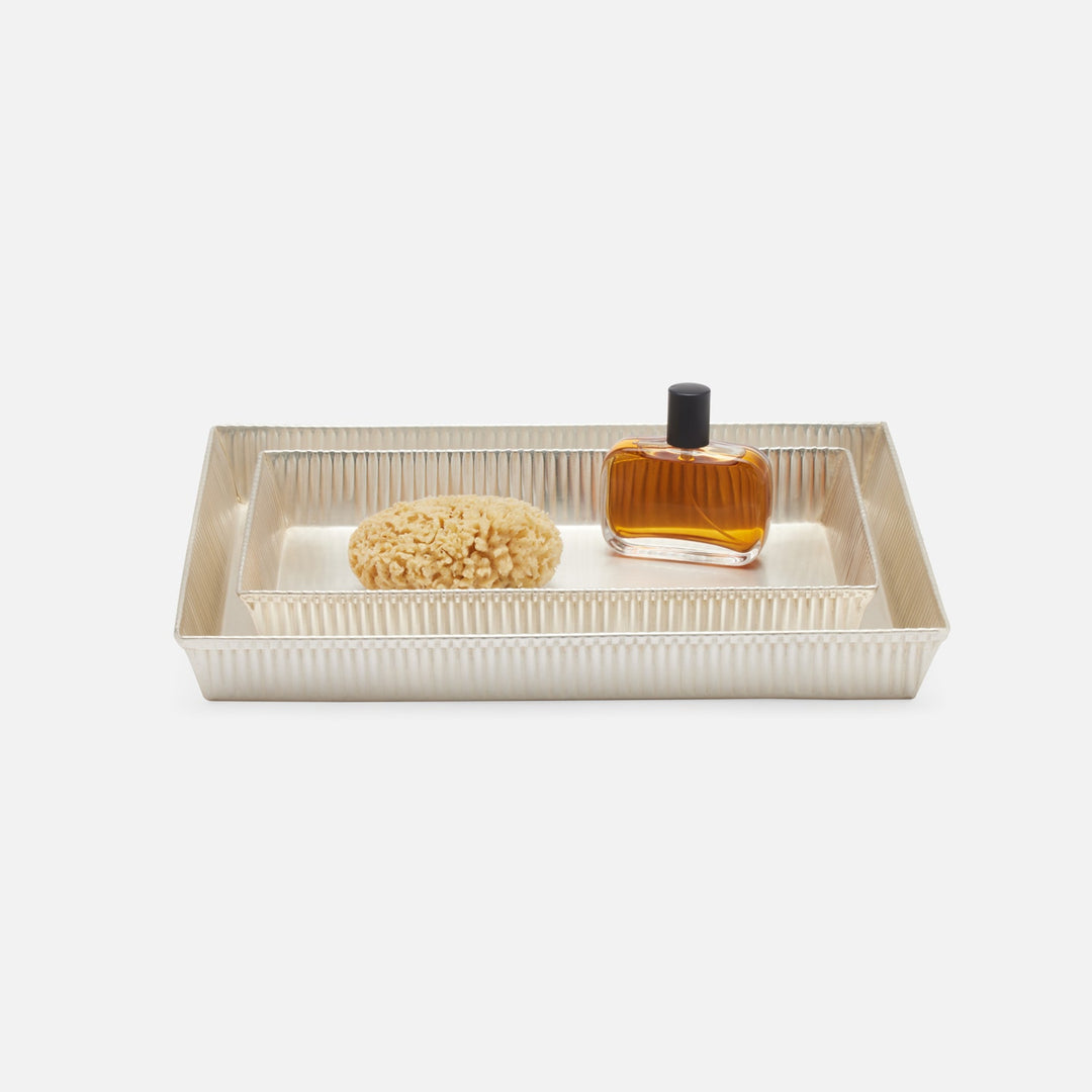 Redon, Matte Silver, Nested Trays, Rectangular Tapered, Ribbed Metal, S/2