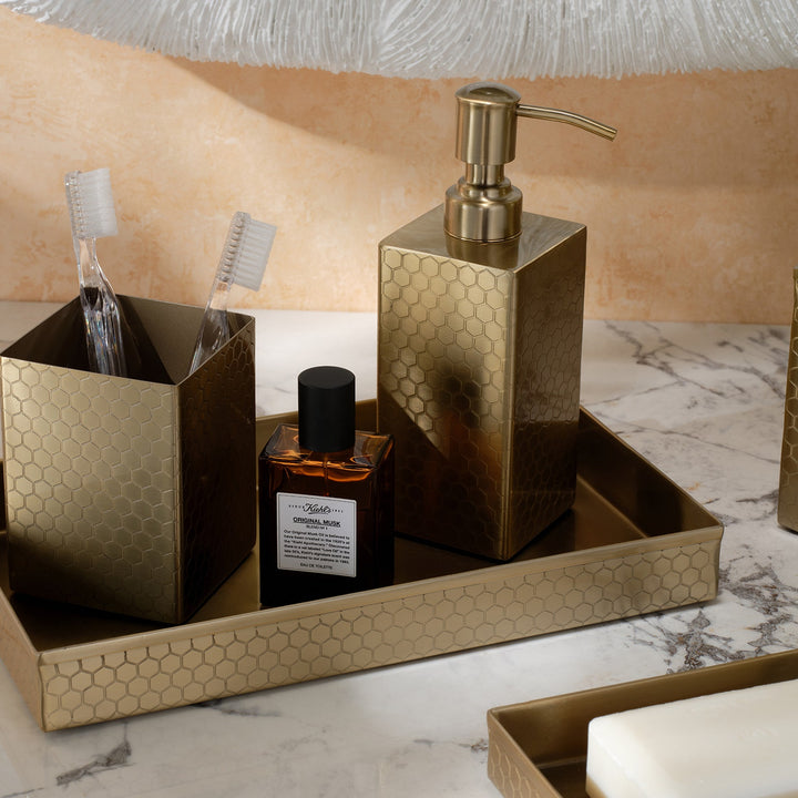 Temara, Champagne Gold, Brush Holder, Square Straight, Honeycomb Textured Stainless Steel