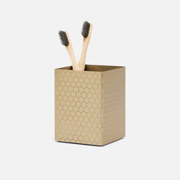 Temara, Champagne Gold, Brush Holder, Square Straight, Honeycomb Textured Stainless Steel