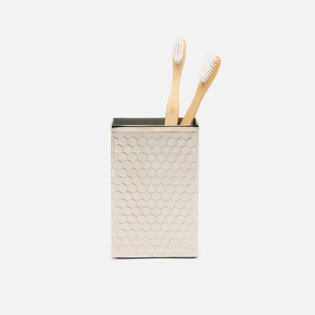 Temara, Shiny Nickel, Brush Holder, Square Straight, Honeycomb Textured Stainless Steel