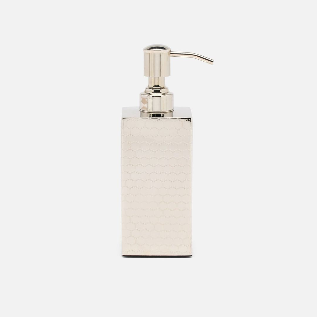 Temara, Shiny Nickel, Soap Pump, Square Straight, Honeycomb Textured Stainless Steel