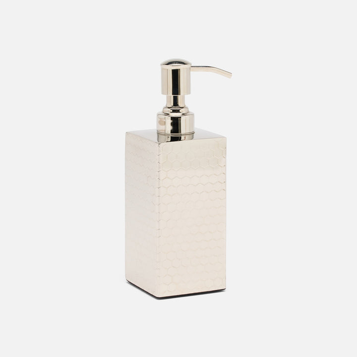 Temara, Shiny Nickel, Soap Pump, Square Straight, Honeycomb Textured Stainless Steel