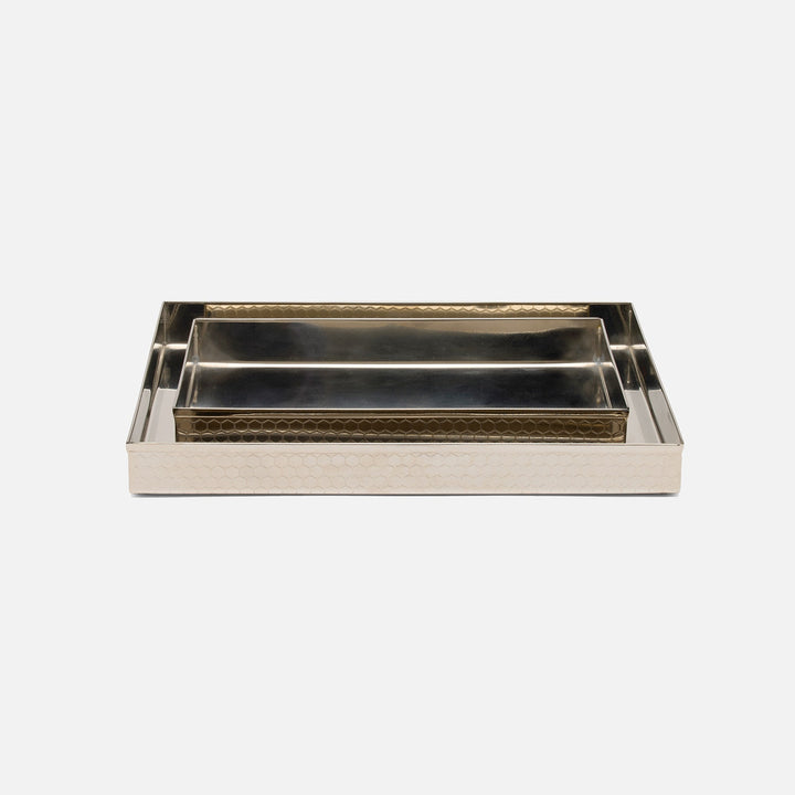 Temara, Shiny Nickel, Nested Trays, Rectangular Straight, Honeycomb Textured Stainless Steel, S/2