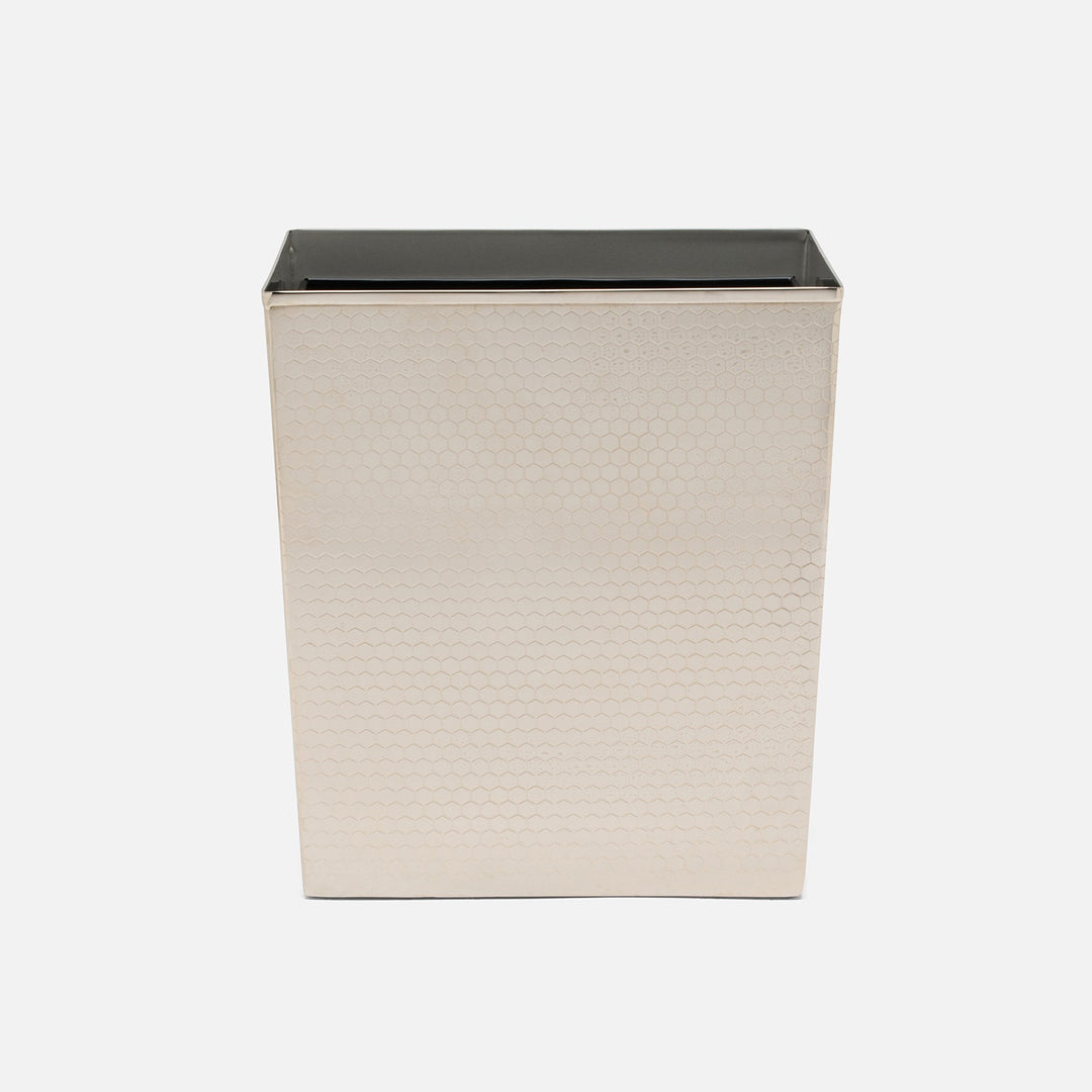 Temara, Shiny Nickel, Wastebasket, Rectangular Tapered, Honeycomb Textured Stainless Steel