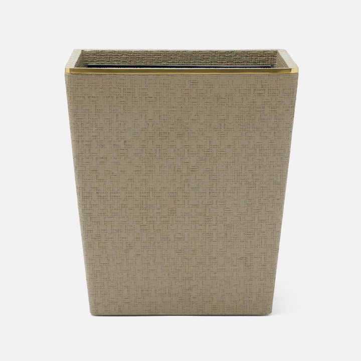 Veria, Desert Taupe/Gold, Wastebasket, Rectangular Tapered, Realistic Faux Rattan/Brass