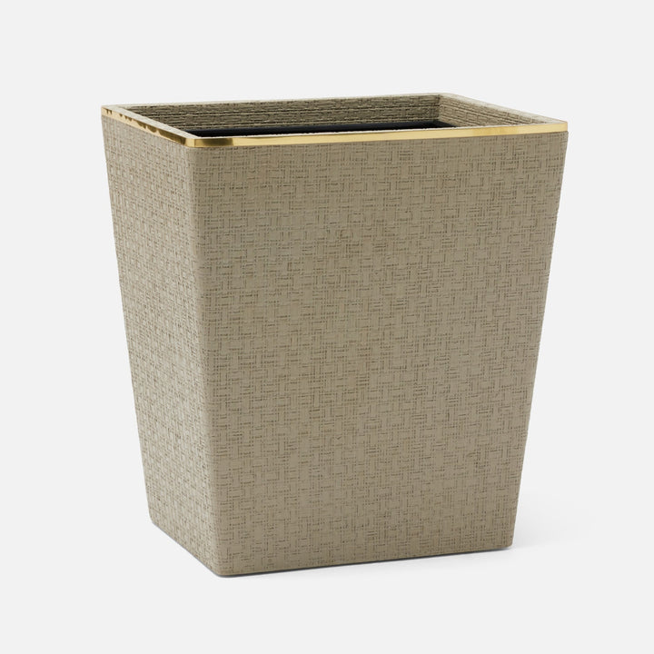 Veria, Desert Taupe/Gold, Wastebasket, Rectangular Tapered, Realistic Faux Rattan/Brass