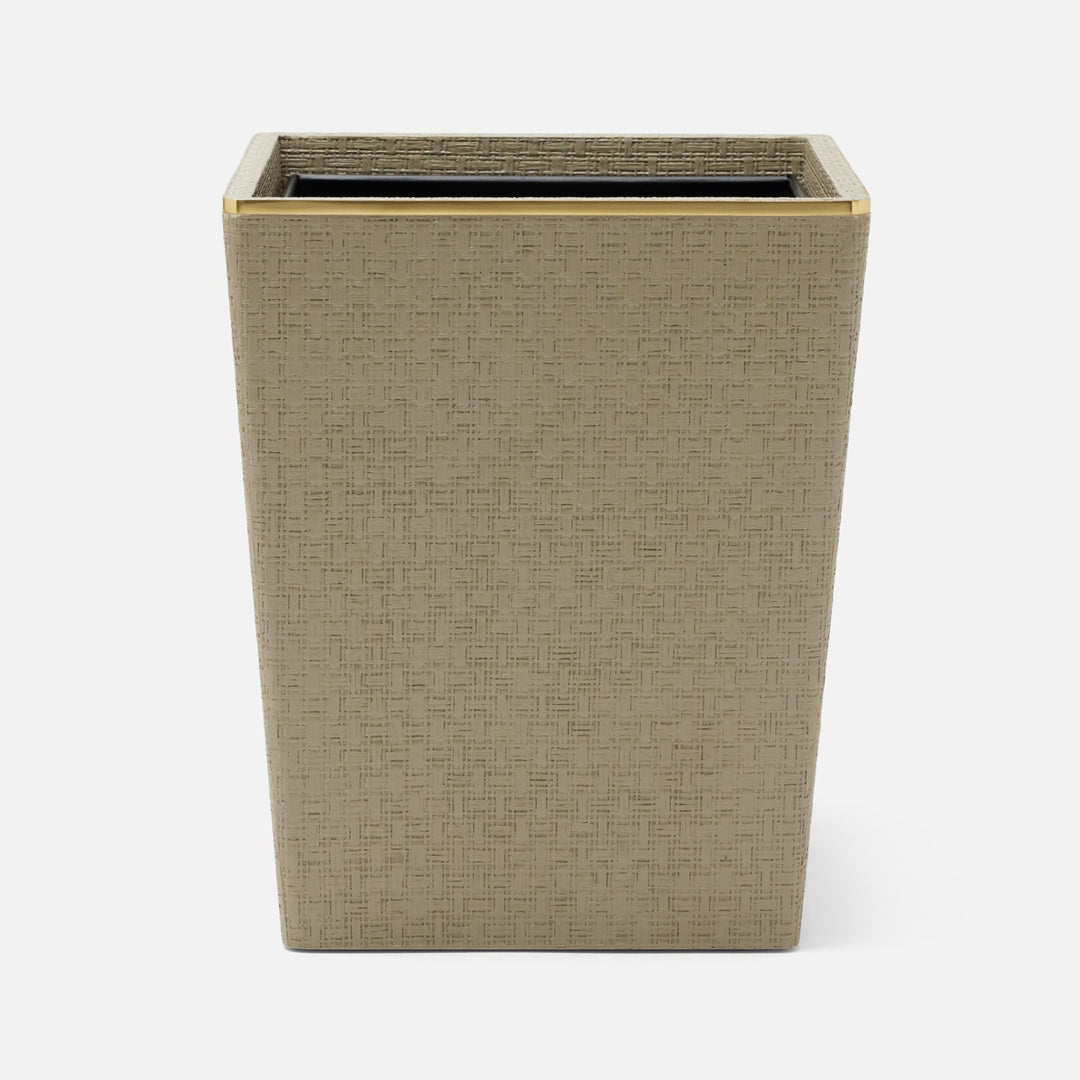 Veria, Desert Taupe/Gold, Wastebasket, Square Tapered, Realistic Faux Rattan/Brass