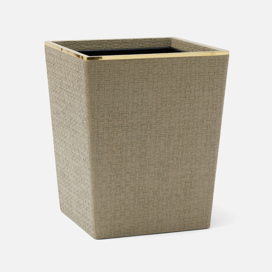Veria, Desert Taupe/Gold, Wastebasket, Square Tapered, Realistic Faux Rattan/Brass