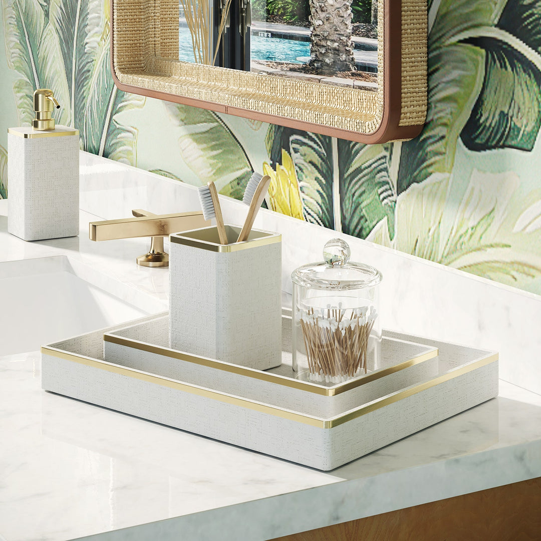Veria, Shiny White/Gold, Brush Holder, Square Straight, Faux Rattan/Brass