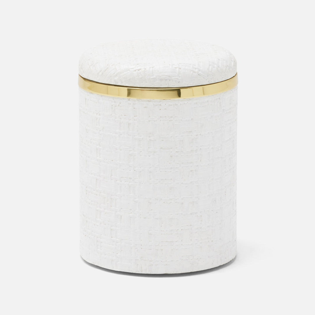 Veria, Shiny White/Gold, Canister, Round, Small, Realistic Faux Rattan/Brass