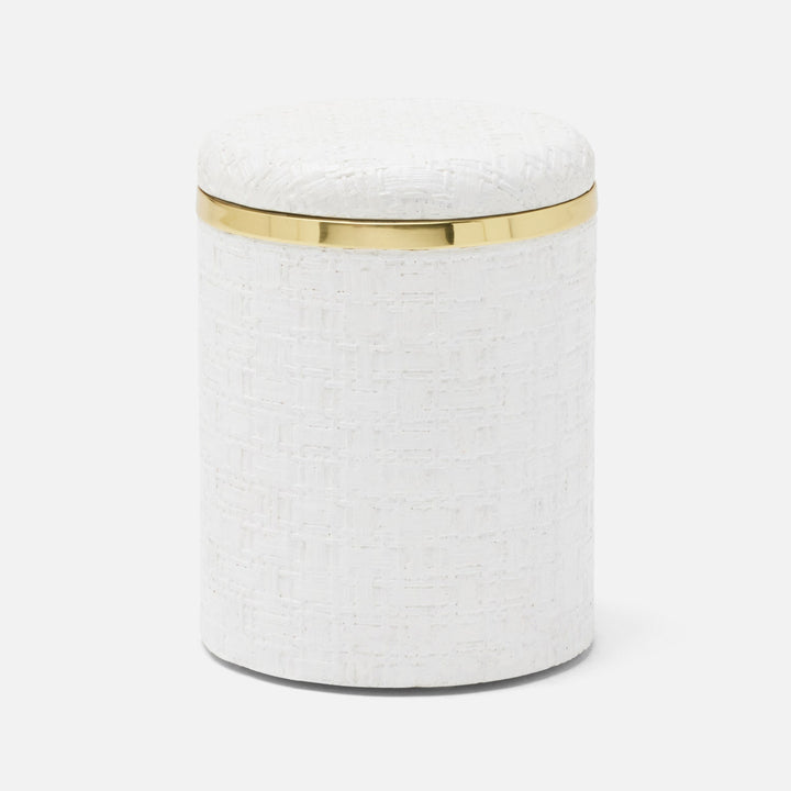 Veria, Shiny White/Gold, Canister, Round, Small, Realistic Faux Rattan/Brass