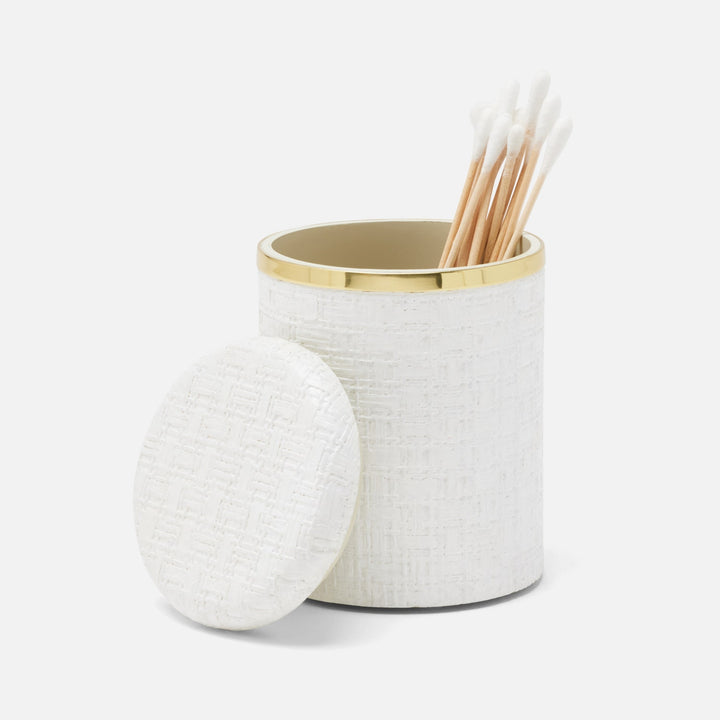 Veria, Shiny White/Gold, Canister, Round, Small, Realistic Faux Rattan/Brass