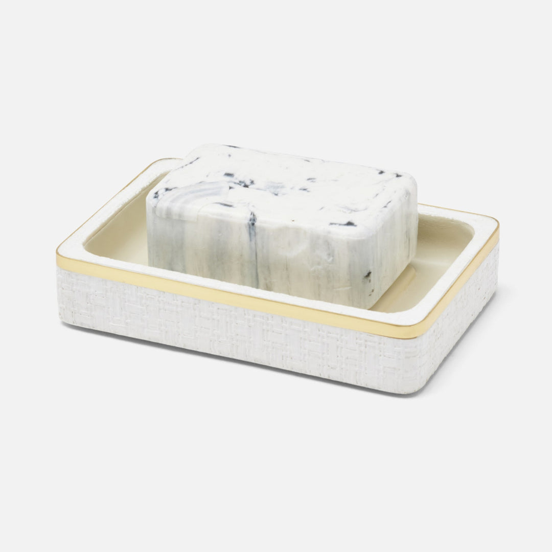 Veria, Shiny White/Gold, Soap Dish, Rectangular Straight, Realistic Faux Rattan/Brass