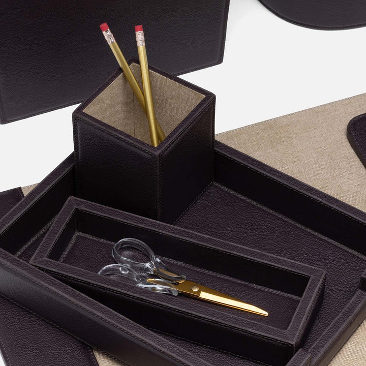 Asby, Aubergine, Set: Letter Tray, Envelope Holder, Pencil Tray, And Pencil Holder, Full-Grain Leath