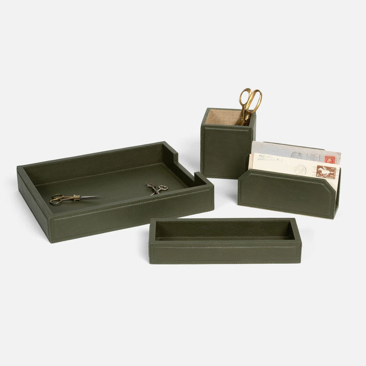 Asby, Forest, Set: Letter Tray, Envelope Holder, Pencil Tray, And Pencil Holder, Full-Grain Leather